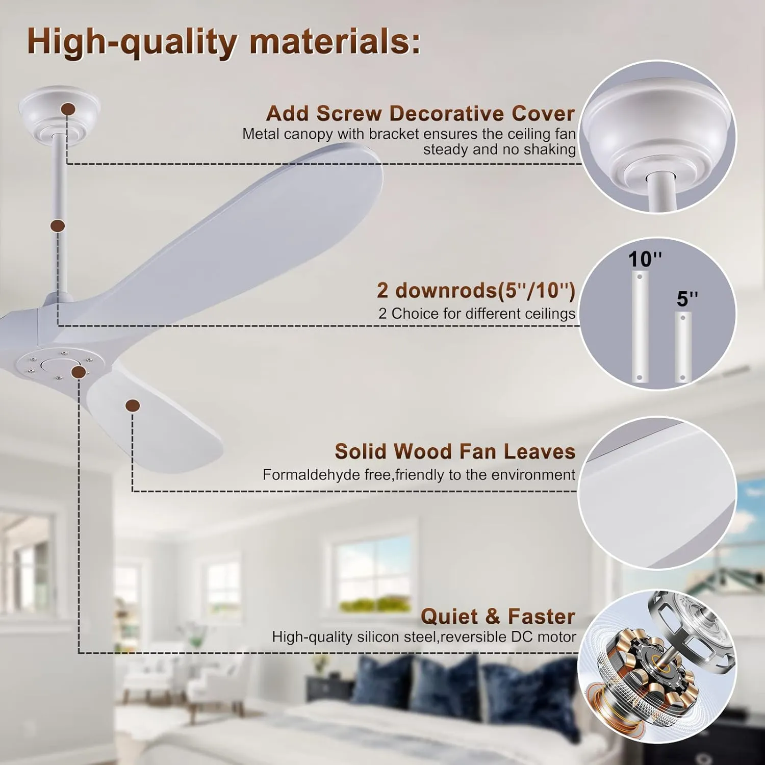 KBZZ 60 Inch Ceiling Fans no Light, Solid Wood Ceiling Fan with Remote Control, Modern Ceiling Fan without Light with 3 Blades, Indoor Outdoor Ceiling Fans for Patios Living Room Farmhouse