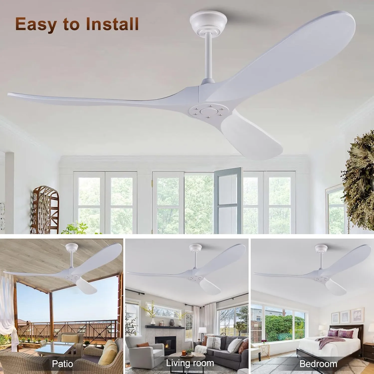 KBZZ 60 Inch Ceiling Fans no Light, Solid Wood Ceiling Fan with Remote Control, Modern Ceiling Fan without Light with 3 Blades, Indoor Outdoor Ceiling Fans for Patios Living Room Farmhouse