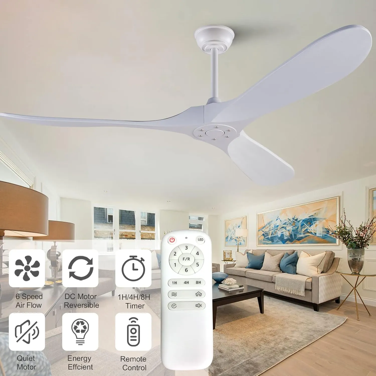 KBZZ 60 Inch Ceiling Fans no Light, Solid Wood Ceiling Fan with Remote Control, Modern Ceiling Fan without Light with 3 Blades, Indoor Outdoor Ceiling Fans for Patios Living Room Farmhouse