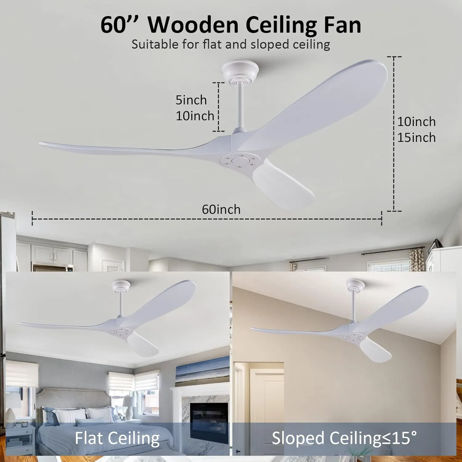 KBZZ 60 Inch Ceiling Fans no Light, Solid Wood Ceiling Fan with Remote Control, Modern Ceiling Fan without Light with 3 Blades, Indoor Outdoor Ceiling Fans for Patios Living Room Farmhouse