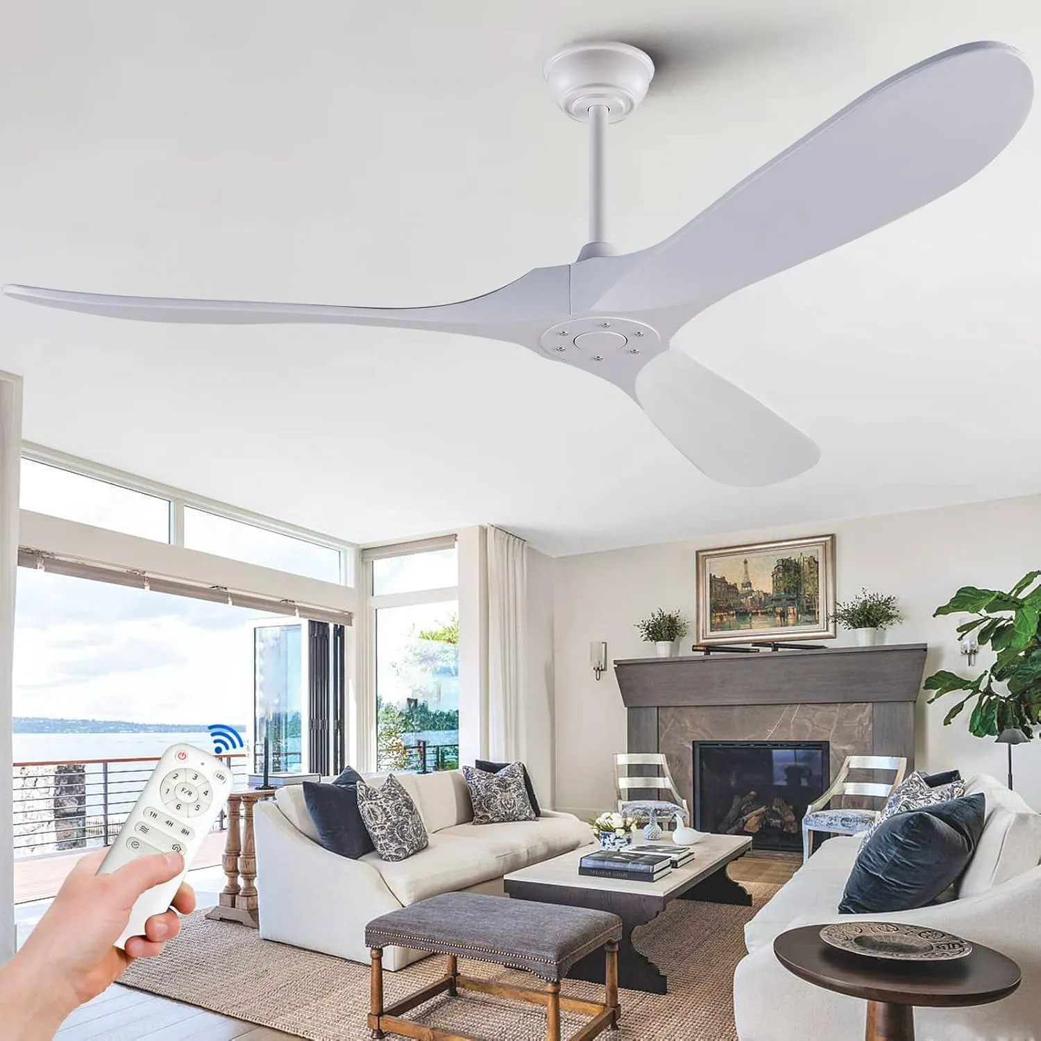 KBZZ 60 Inch Ceiling Fans no Light, Solid Wood Ceiling Fan with Remote Control, Modern Ceiling Fan without Light with 3 Blades, Indoor Outdoor Ceiling Fans for Patios Living Room Farmhouse