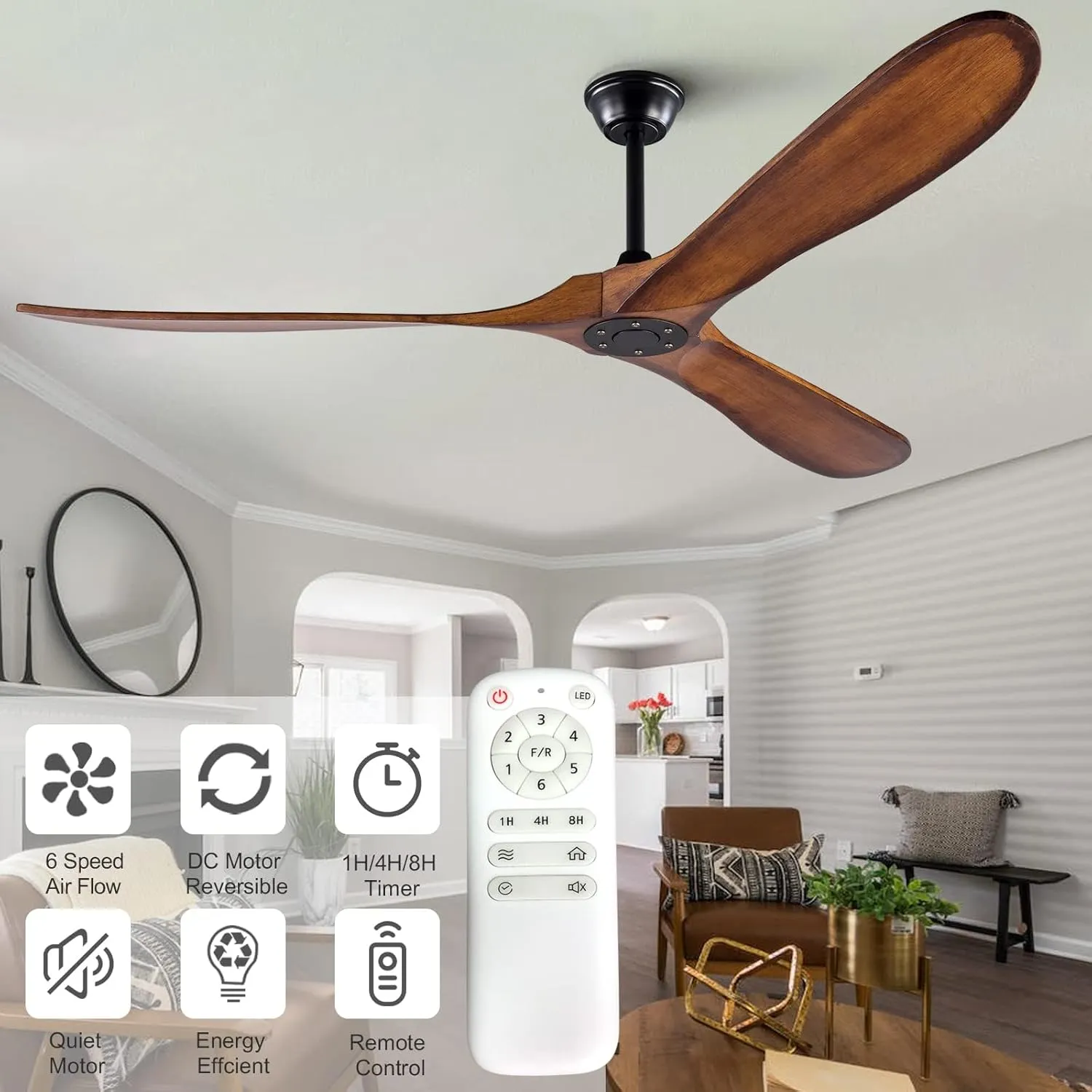 KBZZ 72 inch Outdoor Ceiling Fan without Light, Ceiling fans with 3 Solid Wood Blades and Remote Control, Modern Ceiling Fans no Lights for Patios Living Room Farmhouse