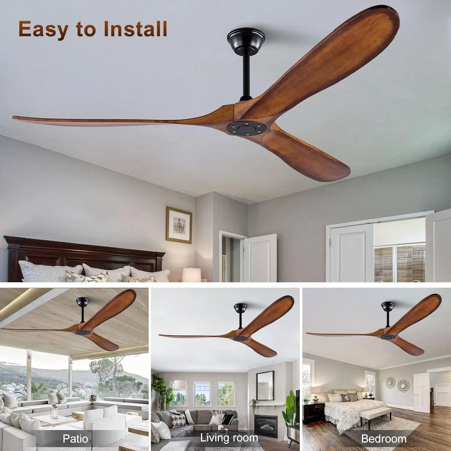 KBZZ 72 inch Outdoor Ceiling Fan without Light, Ceiling fans with 3 Solid Wood Blades and Remote Control, Modern Ceiling Fans no Lights for Patios Living Room Farmhouse
