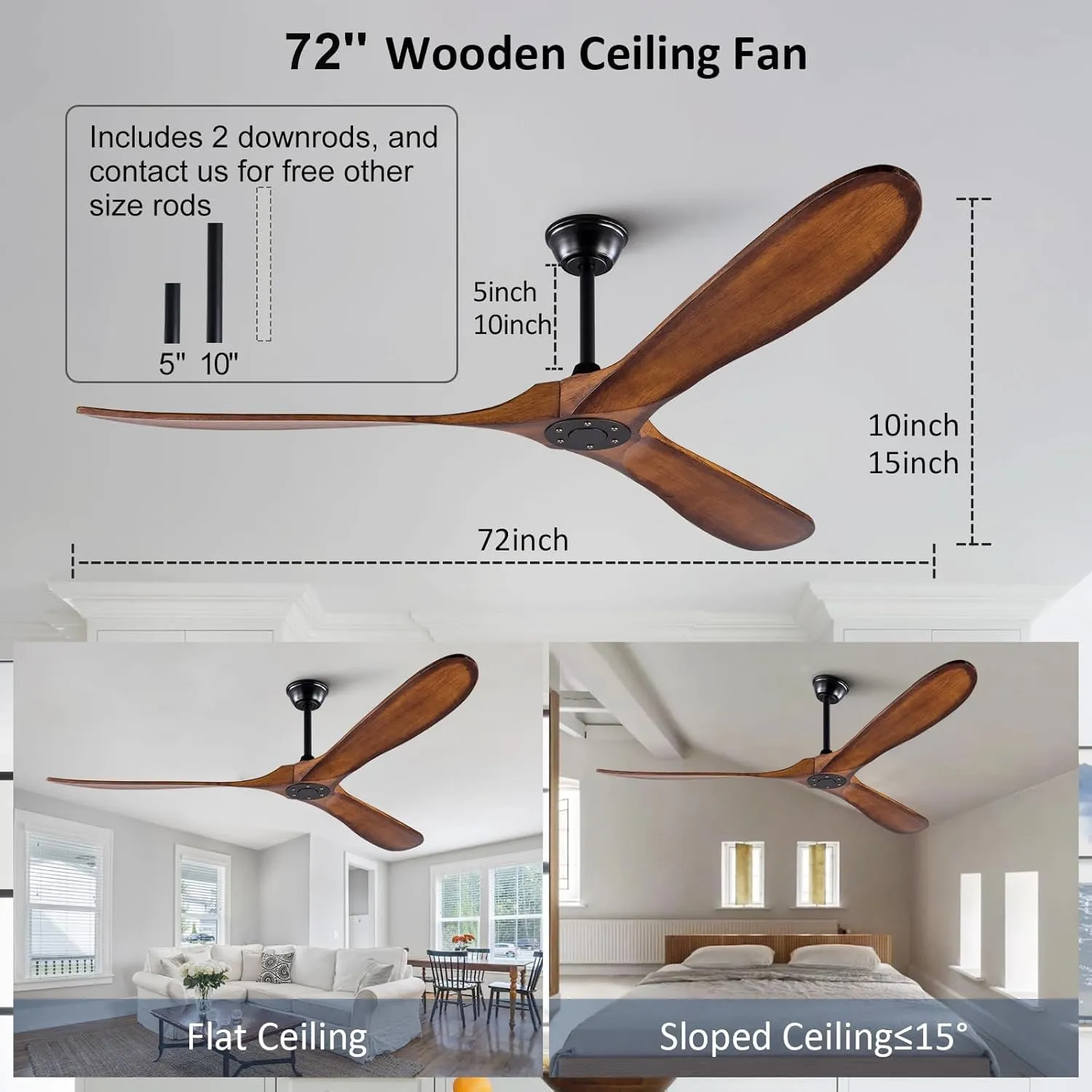 KBZZ 72 inch Outdoor Ceiling Fan without Light, Ceiling fans with 3 Solid Wood Blades and Remote Control, Modern Ceiling Fans no Lights for Patios Living Room Farmhouse