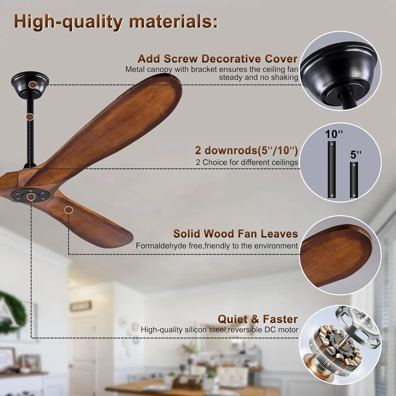 KBZZ 72 inch Outdoor Ceiling Fan without Light, Ceiling fans with 3 Solid Wood Blades and Remote Control, Modern Ceiling Fans no Lights for Patios Living Room Farmhouse