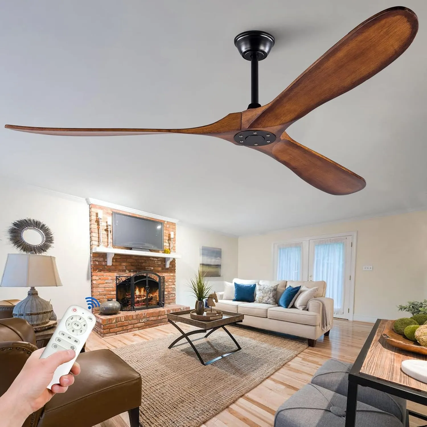 KBZZ 72 inch Outdoor Ceiling Fan without Light, Ceiling fans with 3 Solid Wood Blades and Remote Control, Modern Ceiling Fans no Lights for Patios Living Room Farmhouse