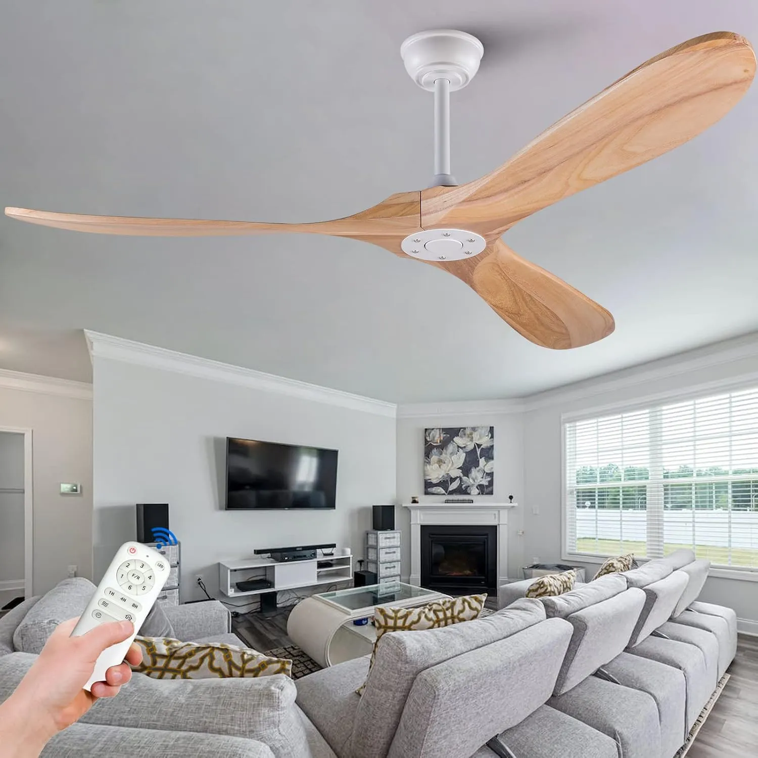 KBZZ Modern 60 Inch Electric Ceiling Fan, Solid Wood, Indoor Outdoor, 3 Blades, Remote Control, 6 Speeds, Reversible, No Light, 30 Decibels, 38 Watts, 4255 ML/min, for Living Room, Bedroom, Gazebo