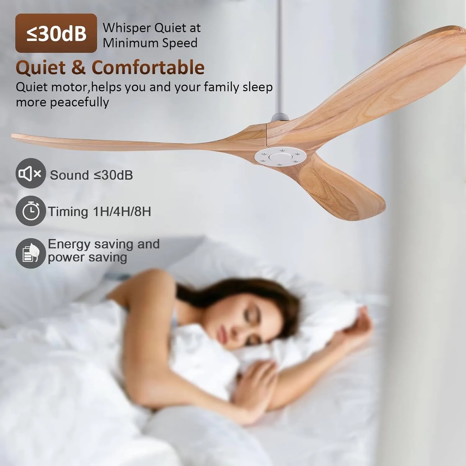 KBZZ Modern 60 Inch Electric Ceiling Fan, Solid Wood, Indoor Outdoor, 3 Blades, Remote Control, 6 Speeds, Reversible, No Light, 30 Decibels, 38 Watts, 4255 ML/min, for Living Room, Bedroom, Gazebo