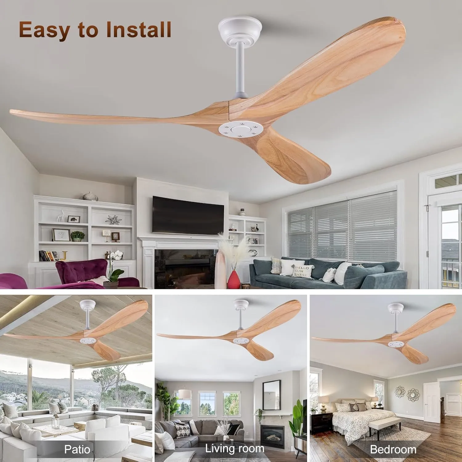 KBZZ Modern 60 Inch Electric Ceiling Fan, Solid Wood, Indoor Outdoor, 3 Blades, Remote Control, 6 Speeds, Reversible, No Light, 30 Decibels, 38 Watts, 4255 ML/min, for Living Room, Bedroom, Gazebo