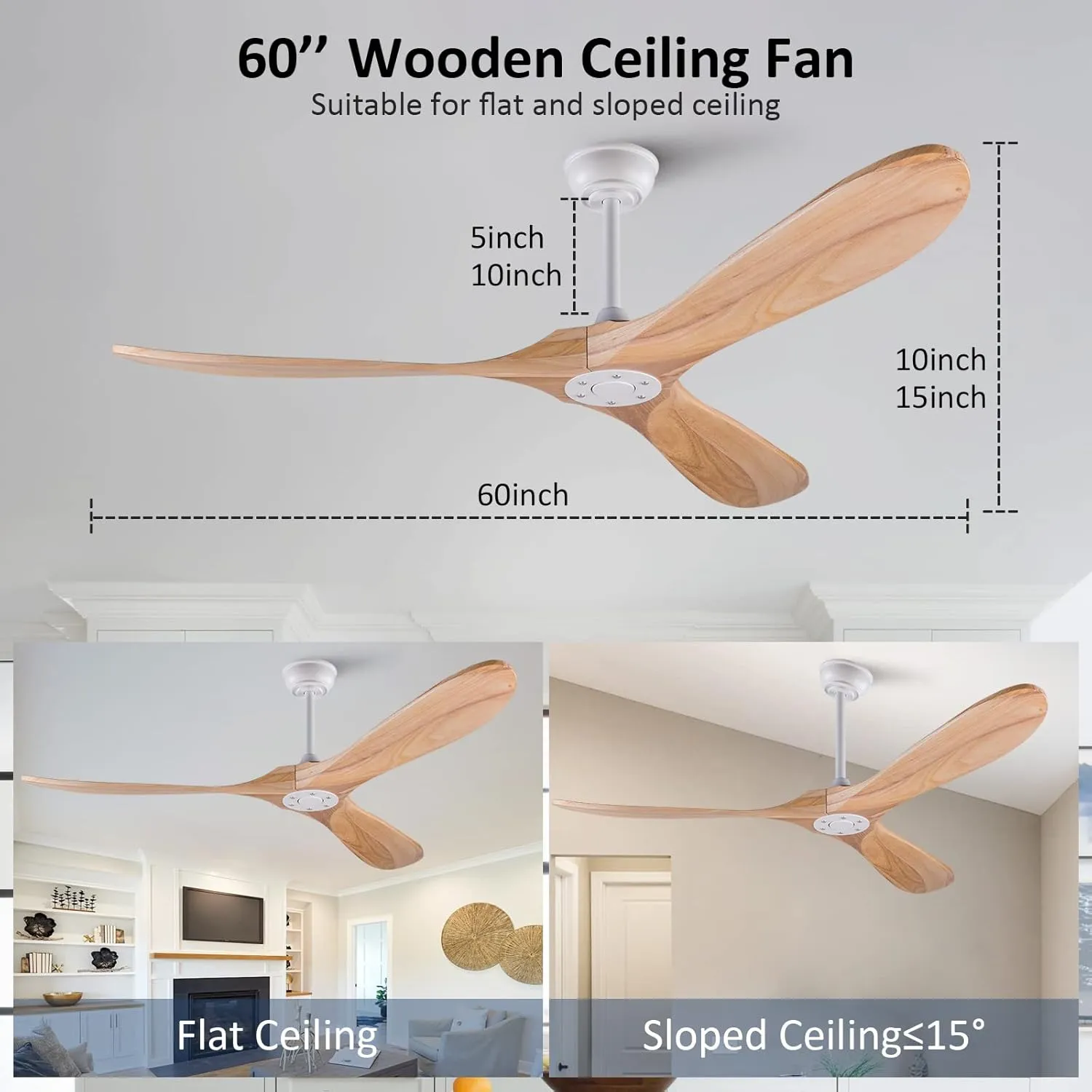 KBZZ Modern 60 Inch Electric Ceiling Fan, Solid Wood, Indoor Outdoor, 3 Blades, Remote Control, 6 Speeds, Reversible, No Light, 30 Decibels, 38 Watts, 4255 ML/min, for Living Room, Bedroom, Gazebo