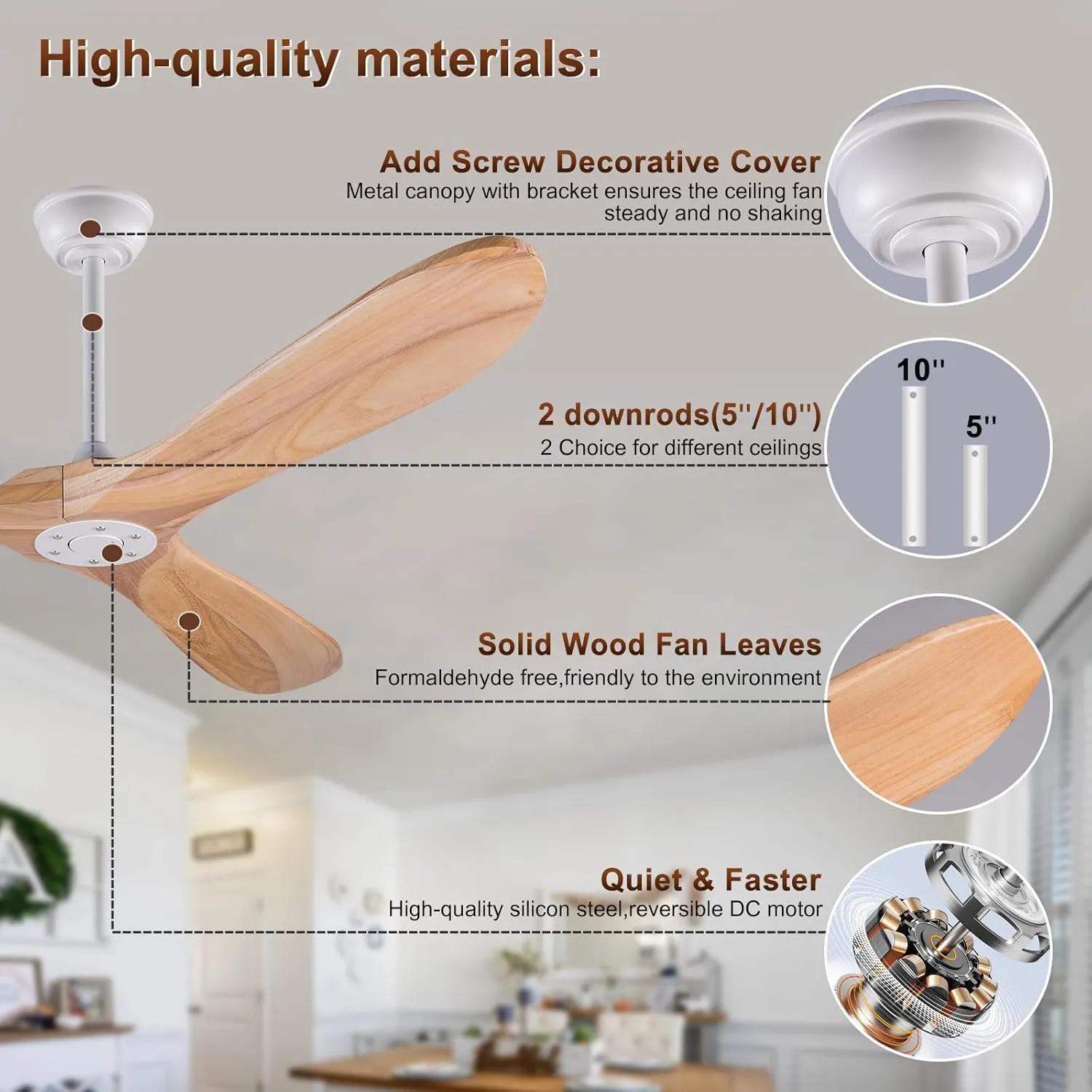 KBZZ Modern 60 Inch Electric Ceiling Fan, Solid Wood, Indoor Outdoor, 3 Blades, Remote Control, 6 Speeds, Reversible, No Light, 30 Decibels, 38 Watts, 4255 ML/min, for Living Room, Bedroom, Gazebo