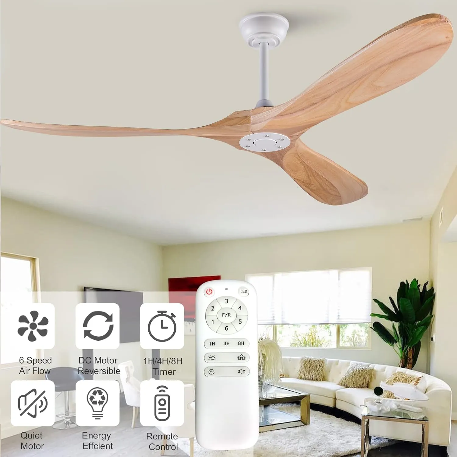 KBZZ Modern 60 Inch Electric Ceiling Fan, Solid Wood, Indoor Outdoor, 3 Blades, Remote Control, 6 Speeds, Reversible, No Light, 30 Decibels, 38 Watts, 4255 ML/min, for Living Room, Bedroom, Gazebo