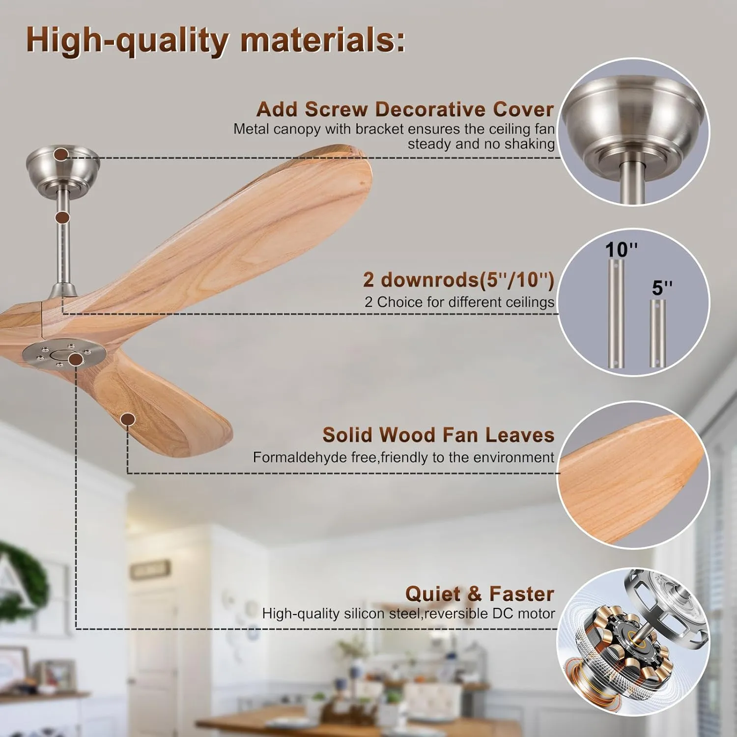 KBZZ Solid Wood Ceiling Fans without Lights,60 Inch Modern Ceiling Fan no Light with Remote Control,Reversible DC Motor,6 Speeds,Noiseless,Indoor/Outdoor Ceiling Fan for Living Room Patios
