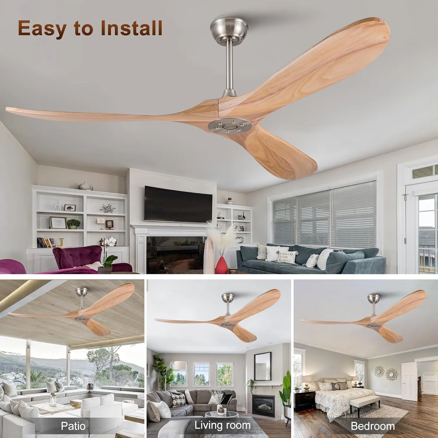 KBZZ Solid Wood Ceiling Fans without Lights,60 Inch Modern Ceiling Fan no Light with Remote Control,Reversible DC Motor,6 Speeds,Noiseless,Indoor/Outdoor Ceiling Fan for Living Room Patios