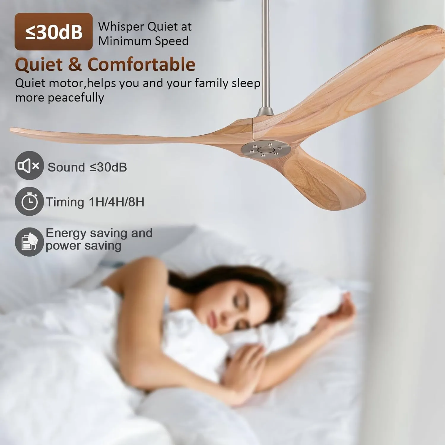 KBZZ Solid Wood Ceiling Fans without Lights,60 Inch Modern Ceiling Fan no Light with Remote Control,Reversible DC Motor,6 Speeds,Noiseless,Indoor/Outdoor Ceiling Fan for Living Room Patios