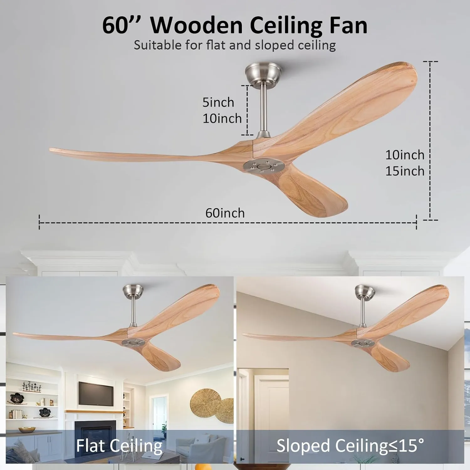 KBZZ Solid Wood Ceiling Fans without Lights,60 Inch Modern Ceiling Fan no Light with Remote Control,Reversible DC Motor,6 Speeds,Noiseless,Indoor/Outdoor Ceiling Fan for Living Room Patios