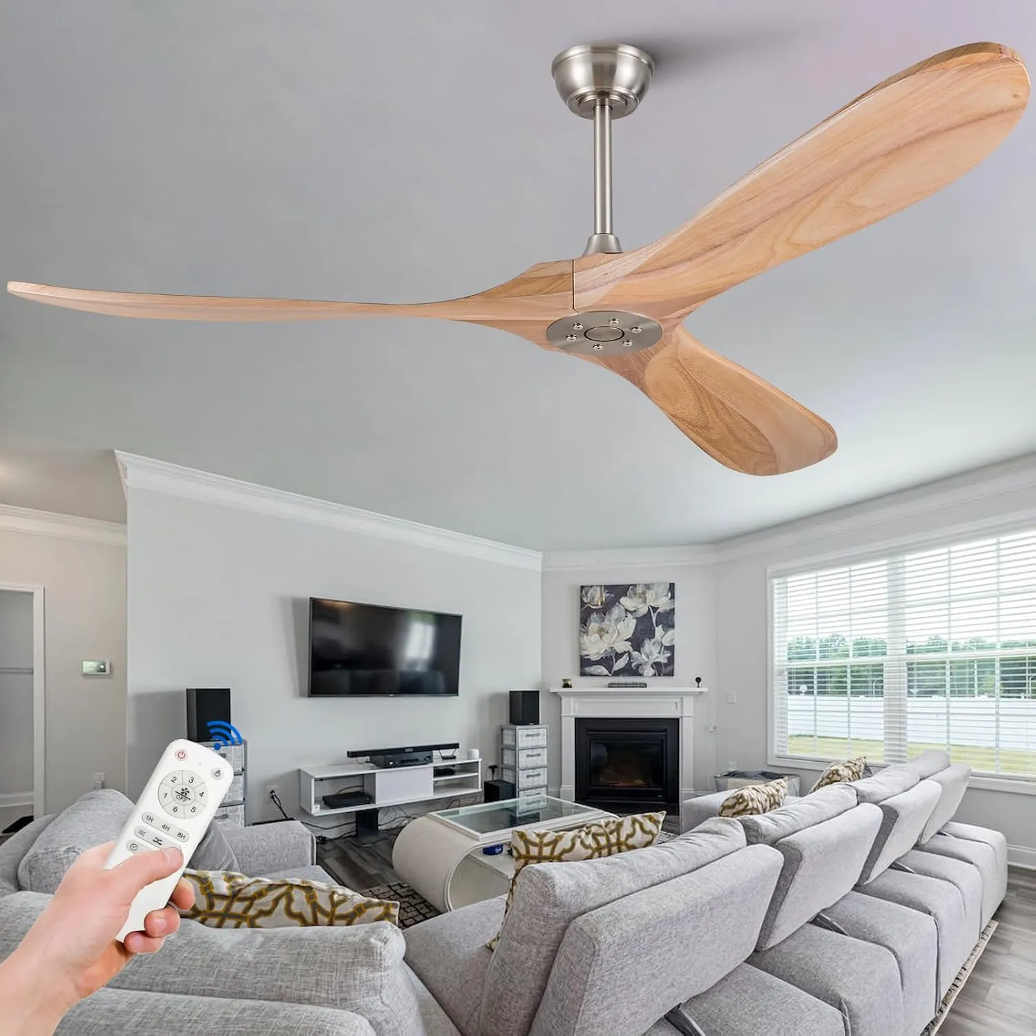 KBZZ Solid Wood Ceiling Fans without Lights,60 Inch Modern Ceiling Fan no Light with Remote Control,Reversible DC Motor,6 Speeds,Noiseless,Indoor/Outdoor Ceiling Fan for Living Room Patios Fan with safety blade design