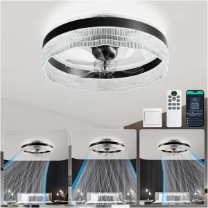 kejector Fandelier Ceiling Fan with Light and Remote/App Control, 20 Low Profile Ceiling Fans with Lights, 360 Moving Head Bladeless Flush Mount Ceiling Fan for Bedroom Living/Dining Room 360-degree rotating fan for home use