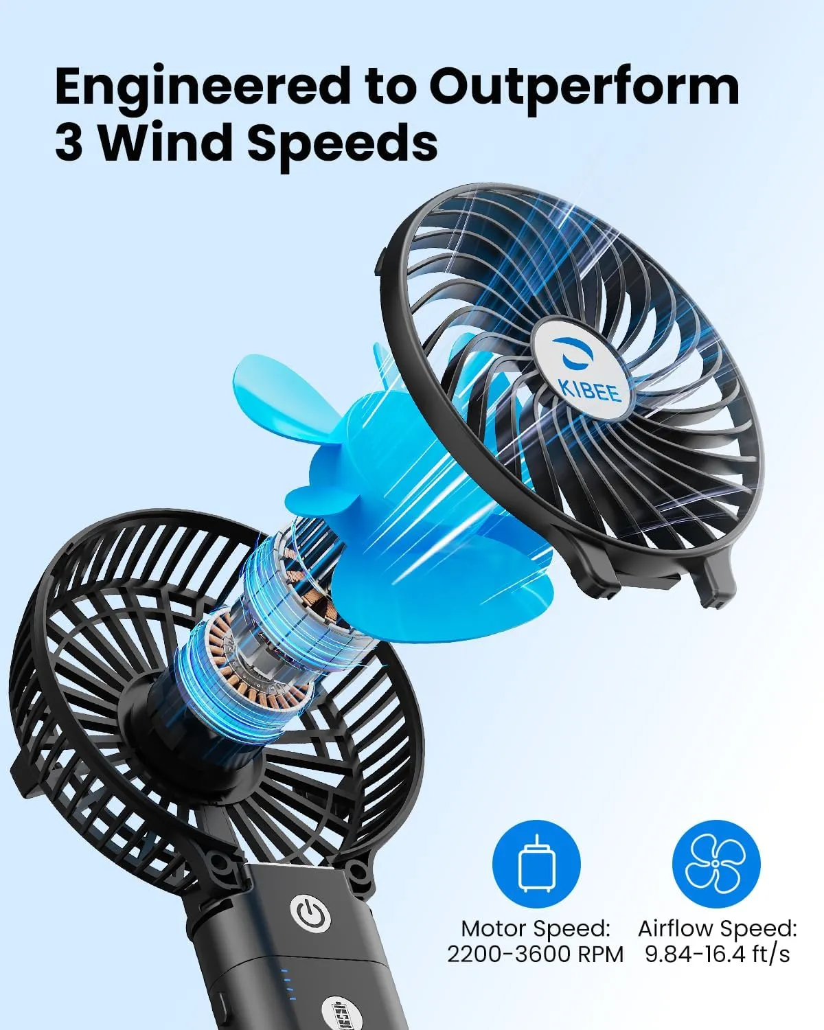 KIBEE Portable Handheld Fan - 5200mAh USB Rechargeable [20H Max Runtime] with Power Bank, Foldable 180 Mini Personal Fan, 3-Speed with Stand for Travel/Outdoor/Makeup/Concerts (Black)