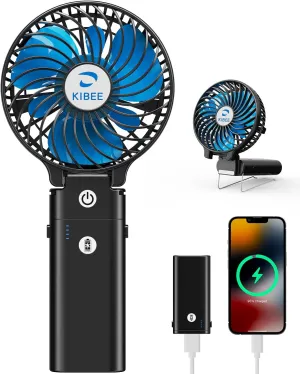 KIBEE Portable Handheld Fan - 5200mAh USB Rechargeable [20H Max Runtime] with Power Bank, Foldable 180 Mini Personal Fan, 3-Speed with Stand for Travel/Outdoor/Makeup/Concerts (Black) Mini handheld fan for personal cooling