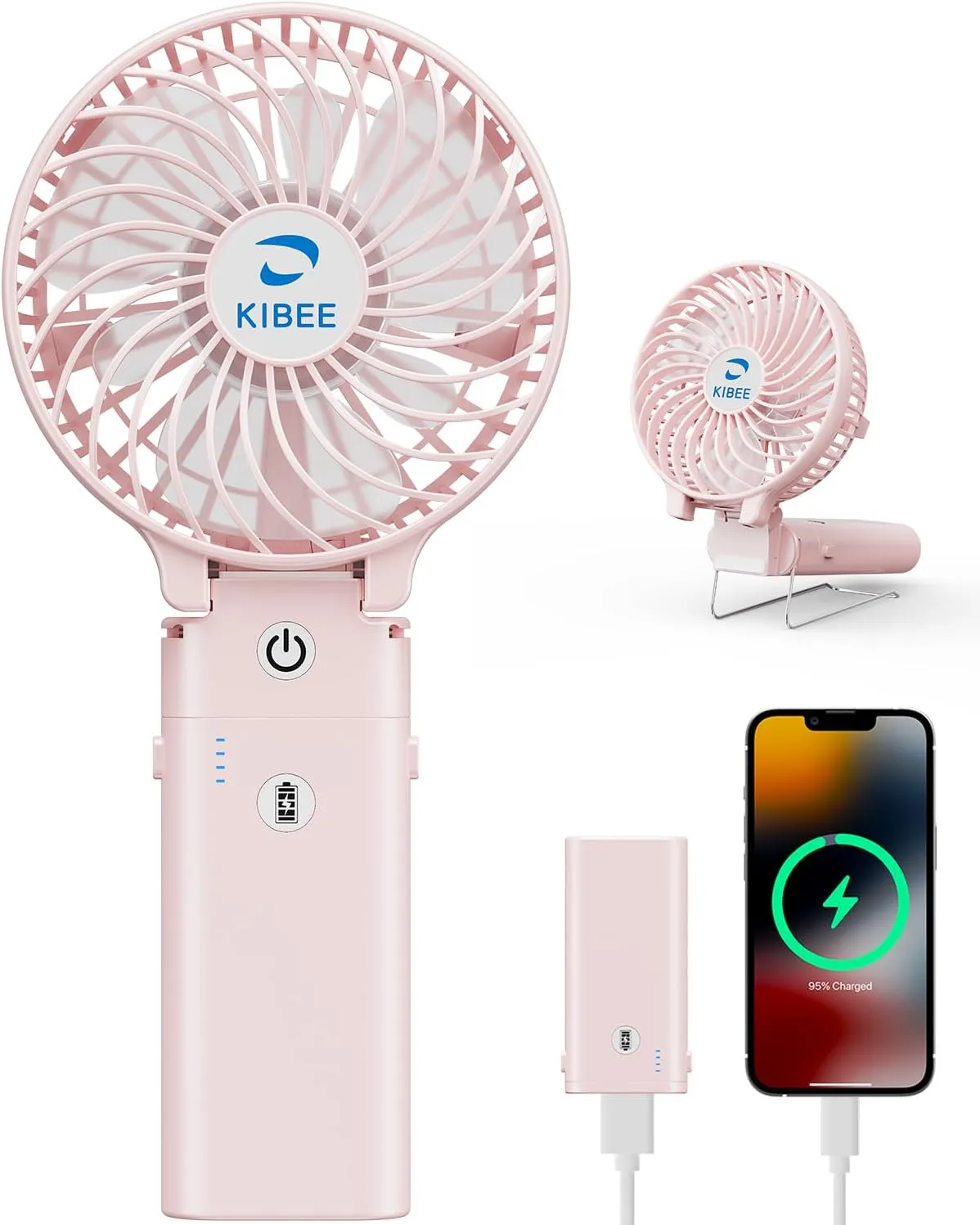KIBEE Portable Handheld Fan - 5200mAh USB Rechargeable [20H Max Runtime] with Power Bank, Foldable 180 Mini Personal Fan, 3-Speed with Stand for Travel/Outdoor/Makeup/Concerts (Pink) Mini handheld fan for personal cooling