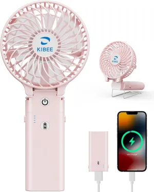 KIBEE Portable Handheld Fan - 5200mAh USB Rechargeable [20H Max Runtime] with Power Bank, Foldable 180 Mini Personal Fan, 3-Speed with Stand for Travel/Outdoor/Makeup/Concerts (Pink) Mini handheld fan for personal cooling