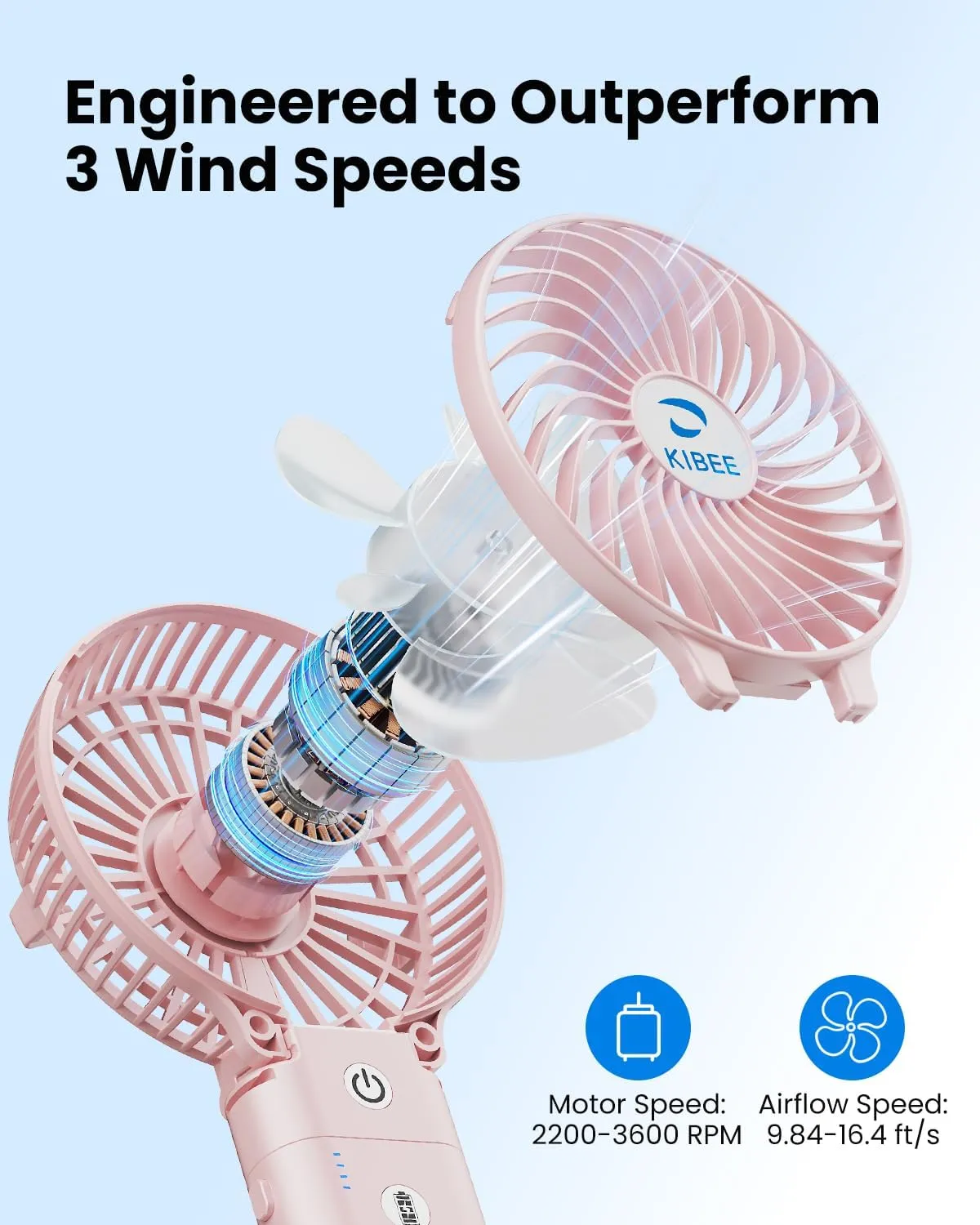 KIBEE Portable Handheld Fan - 5200mAh USB Rechargeable [20H Max Runtime] with Power Bank, Foldable 180 Mini Personal Fan, 3-Speed with Stand for Travel/Outdoor/Makeup/Concerts (Pink)