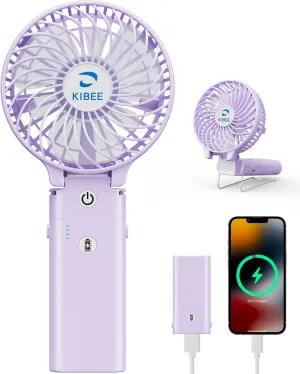 KIBEE Portable Handheld Fan - 5200mAh USB Rechargeable [20H Max Runtime] with Power Bank, Foldable 180 Mini Personal Fan, 3-Speed with Stand for Travel/Outdoor/Makeup/Concerts (Purple) Mini handheld fan for personal cooling