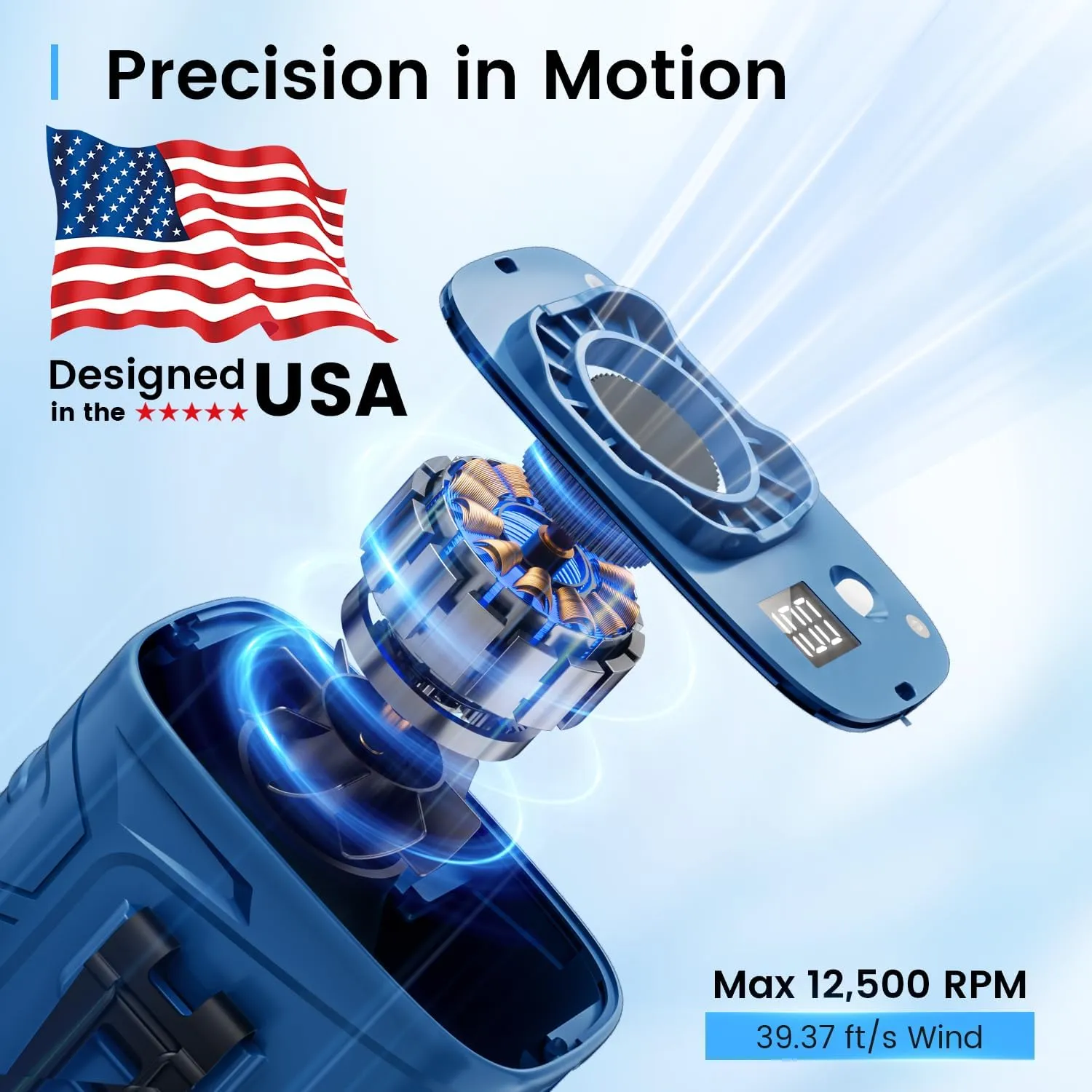 KIBEE Portable Waist Fan with LED Light, 5 Speeds 12500RPM Strong Airflow, Personal Clip Belt Fan [Max 29H Working Time], Hands-Free Neck Fan, Wearable Fan for Outdoor/Hiking/Jobsite/Farms - Blue