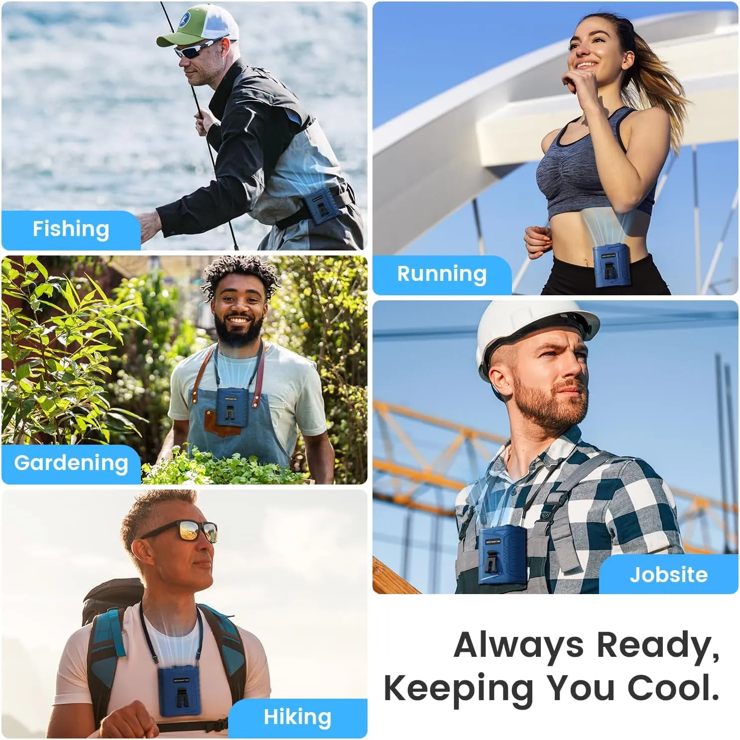 KIBEE Portable Waist Fan with LED Light, 5 Speeds 12500RPM Strong Airflow, Personal Clip Belt Fan [Max 29H Working Time], Hands-Free Neck Fan, Wearable Fan for Outdoor/Hiking/Jobsite/Farms - Blue