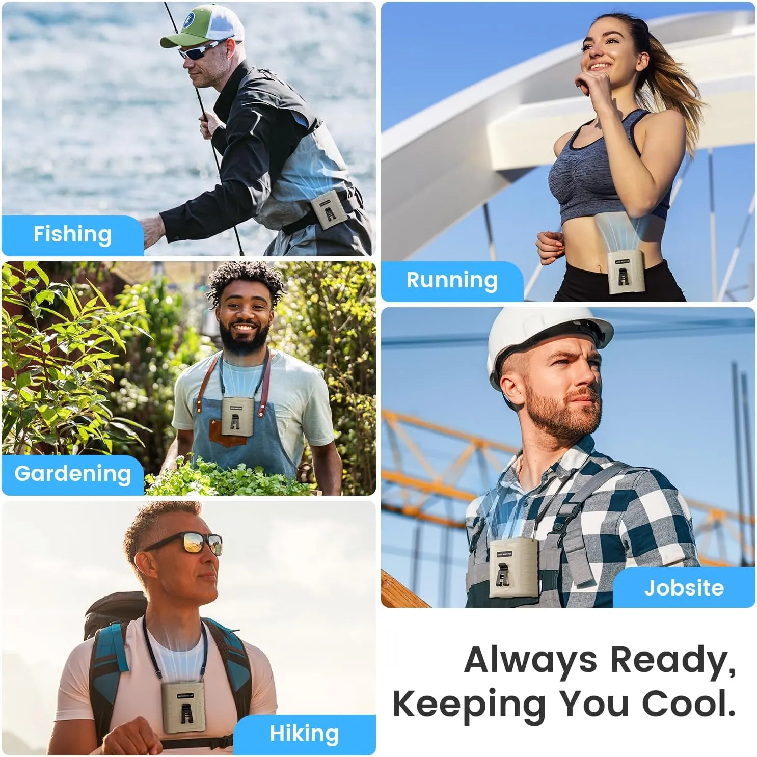 KIBEE Portable Waist Fan with LED Light, 5 Speeds 12500RPM Strong Airflow, Personal Clip Belt Fan [Max 29H Working Time], Hands-Free Neck Fan, Wearable Fan for Outdoor/Hiking/Jobsite/Farms - Champagne