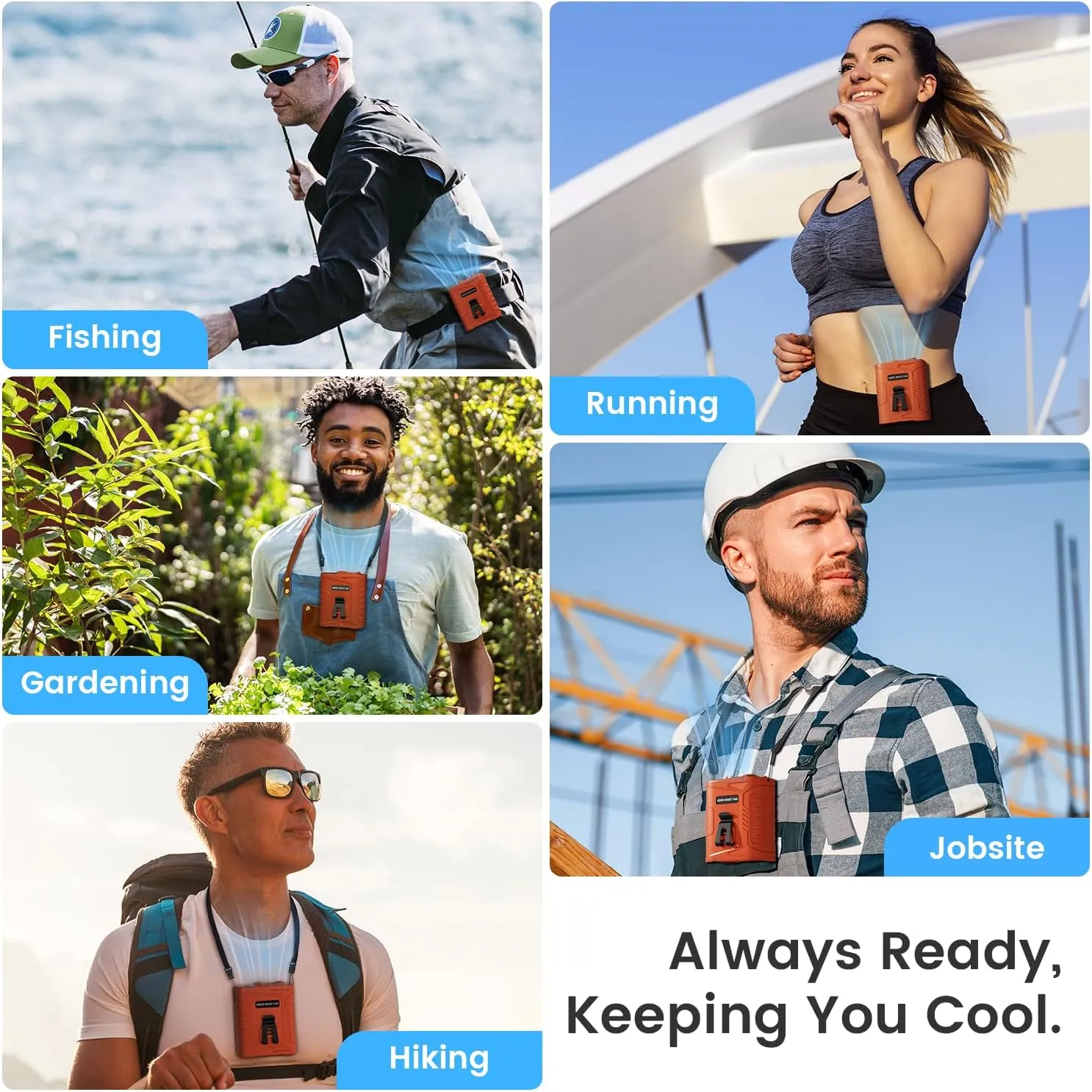 KIBEE Portable Waist Fan with LED Light - 5 Speeds 12500RPM Strong Airflow, Personal Clip Belt Fan [Max 29H Working Time], Hands-Free Neck Fan, Wearable Fan for Outdoor/Hiking/Jobsite/Farms - Orange