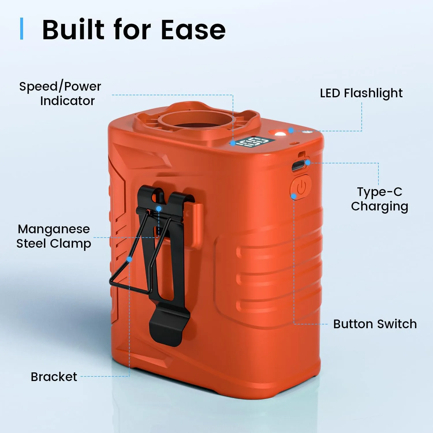 KIBEE Portable Waist Fan with LED Light - 5 Speeds 12500RPM Strong Airflow, Personal Clip Belt Fan [Max 29H Working Time], Hands-Free Neck Fan, Wearable Fan for Outdoor/Hiking/Jobsite/Farms - Orange