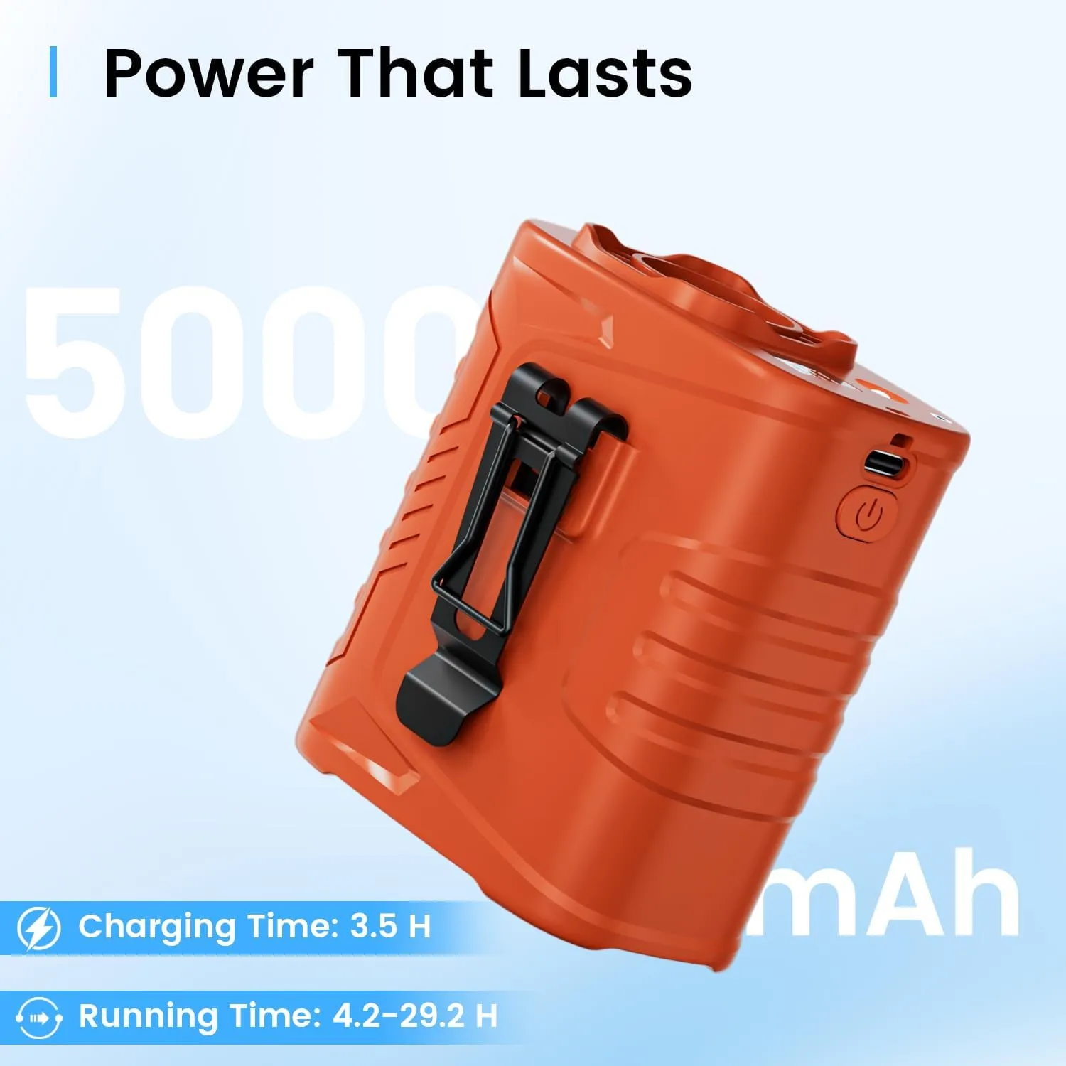 KIBEE Portable Waist Fan with LED Light - 5 Speeds 12500RPM Strong Airflow, Personal Clip Belt Fan [Max 29H Working Time], Hands-Free Neck Fan, Wearable Fan for Outdoor/Hiking/Jobsite/Farms - Orange