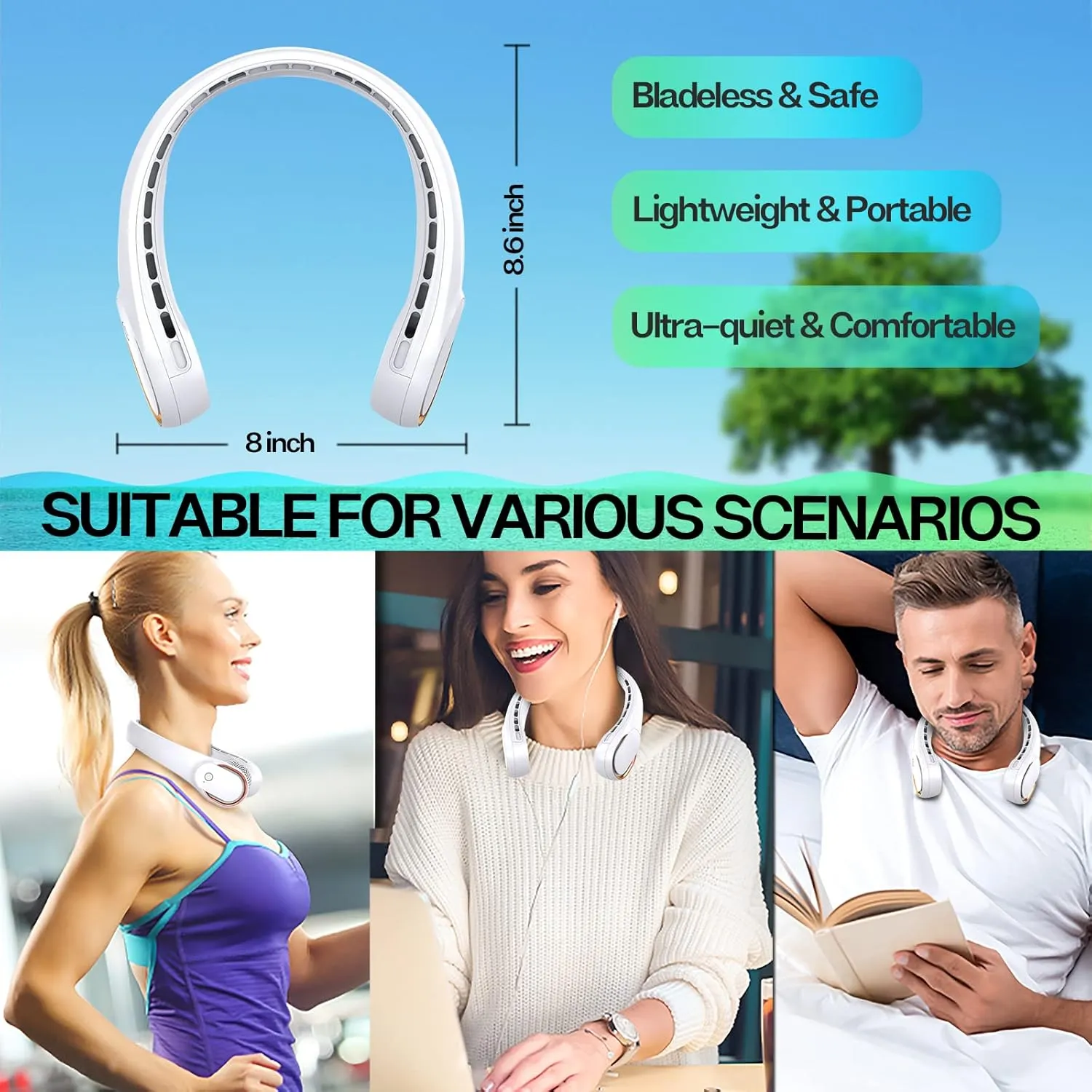KIDEE Neck Fan, Neck Fans Portable Rechargeable, Upgrade 360 Air Outlet, Super Quiet, 3 Speeds, 4000mAh Personal Bladeless Wearable Fan for Indoor Outdoor Travel-White