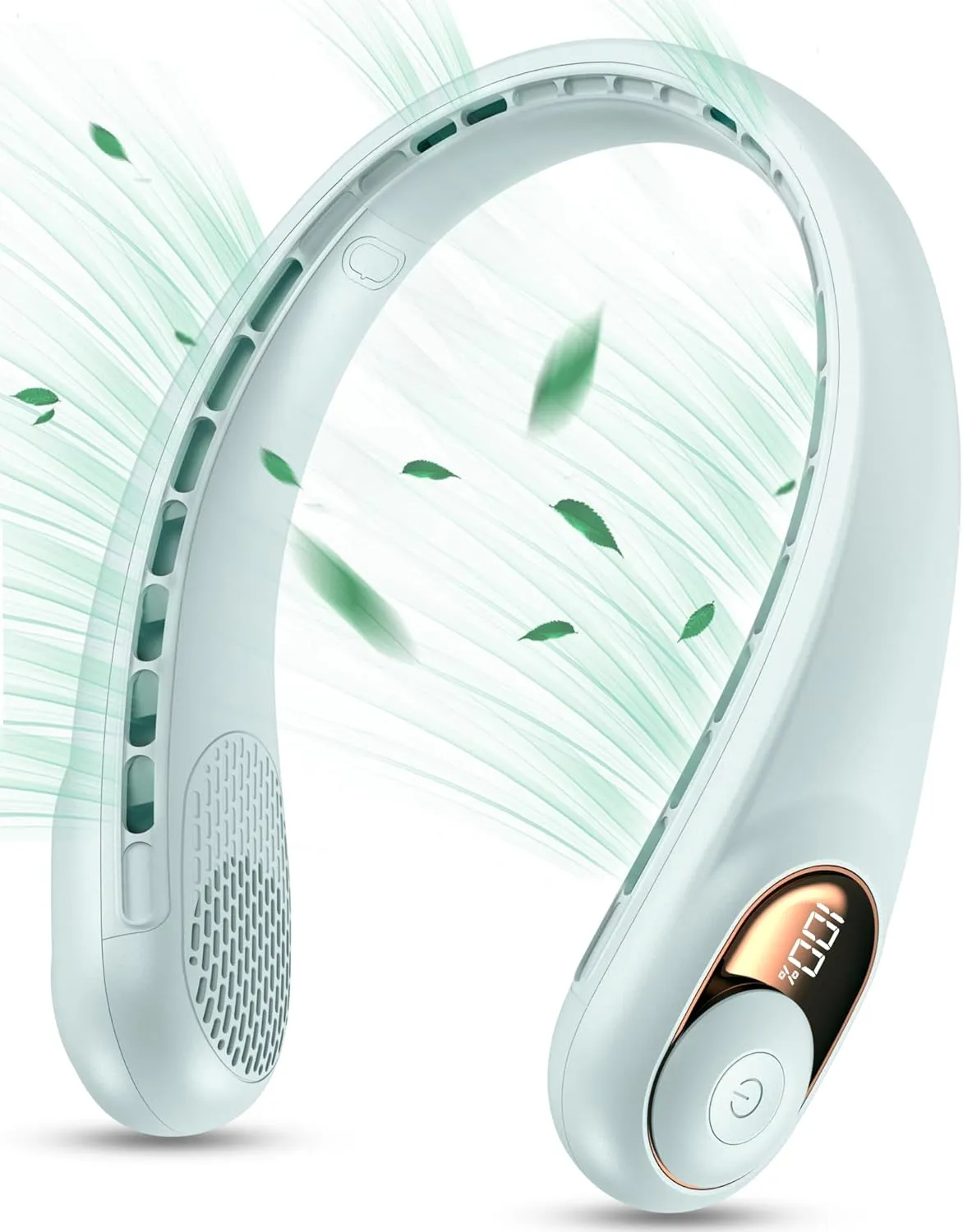 KIDEE Neck Fan, Portable Fan, Neck Fans Rechargeable, Upgraded LED Display, 4000 mAh Battery Operated, 3 Speeds Adjustable Personal Wearable Fan, Gifts for Women Men, Greenish White
