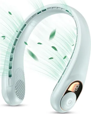 KIDEE Neck Fan, Portable Fan, Neck Fans Rechargeable, Upgraded LED Display, 4000 mAh Battery Operated, 3 Speeds Adjustable Personal Wearable Fan, Gifts for Women Men, Greenish White Waist-mounted portable fan for outdoor use