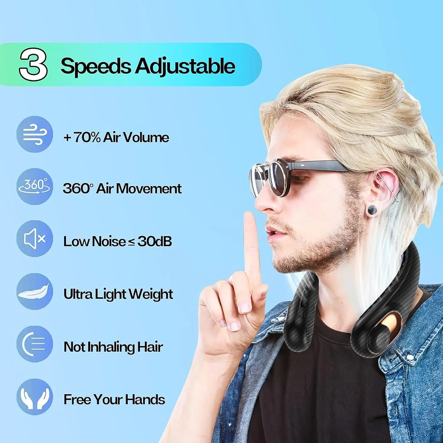 KIDEE Neck Fan Rechargeable, Portable Fan, Upgraded LED Display, 4000 mAh Battery Operated, 3 Speeds Adjustable Personal Wearable Fans for Women Men, Carbon Fiber Black