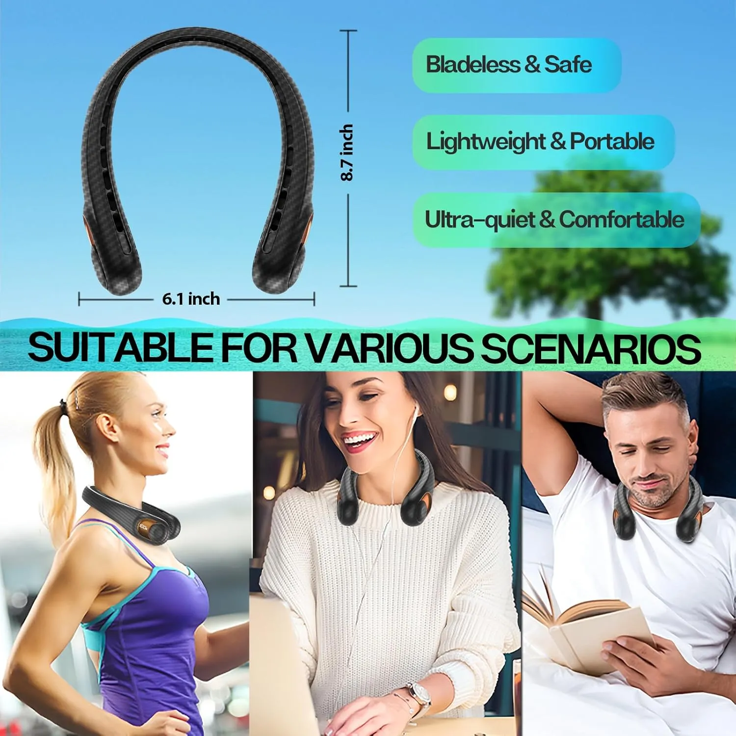 KIDEE Neck Fan Rechargeable, Portable Fan, Upgraded LED Display, 4000 mAh Battery Operated, 3 Speeds Adjustable Personal Wearable Fans for Women Men, Carbon Fiber Black