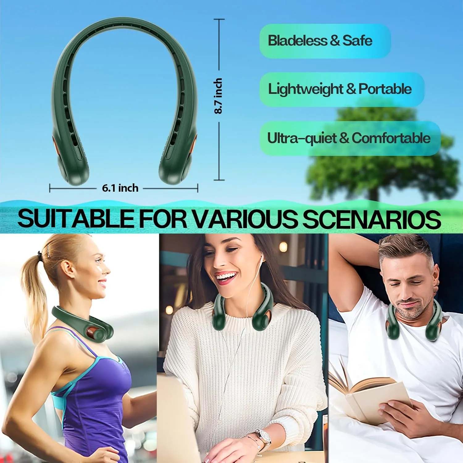 KIDEE Neck Fan Rechargeable, Portable Fan, Upgraded LED Display, 4000 mAh Battery Operated, 3 Speeds Adjustable Personal Wearable Fans, Gifts for Women Men, Deep Green