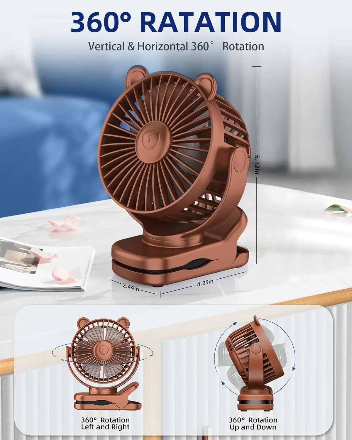 KIDEE Portable Clip on Fan, Mini Baby Stroller Fan Rechargeable with 360 Rotation, Small Desk Fans Battery Operated, Personal Cooling Fans for Bedroom Indoor Outdoor Travel