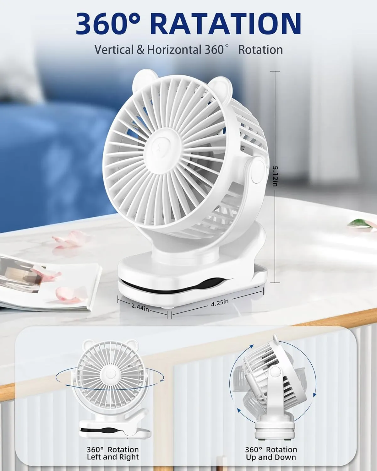 KIDEE Portable Clip on Fan, Mini Baby Stroller Fan Rechargeable with 360 Rotation, Small Desk Fans Battery Operated, Personal Cooling Fans for Bedroom Indoor Outdoor Travel