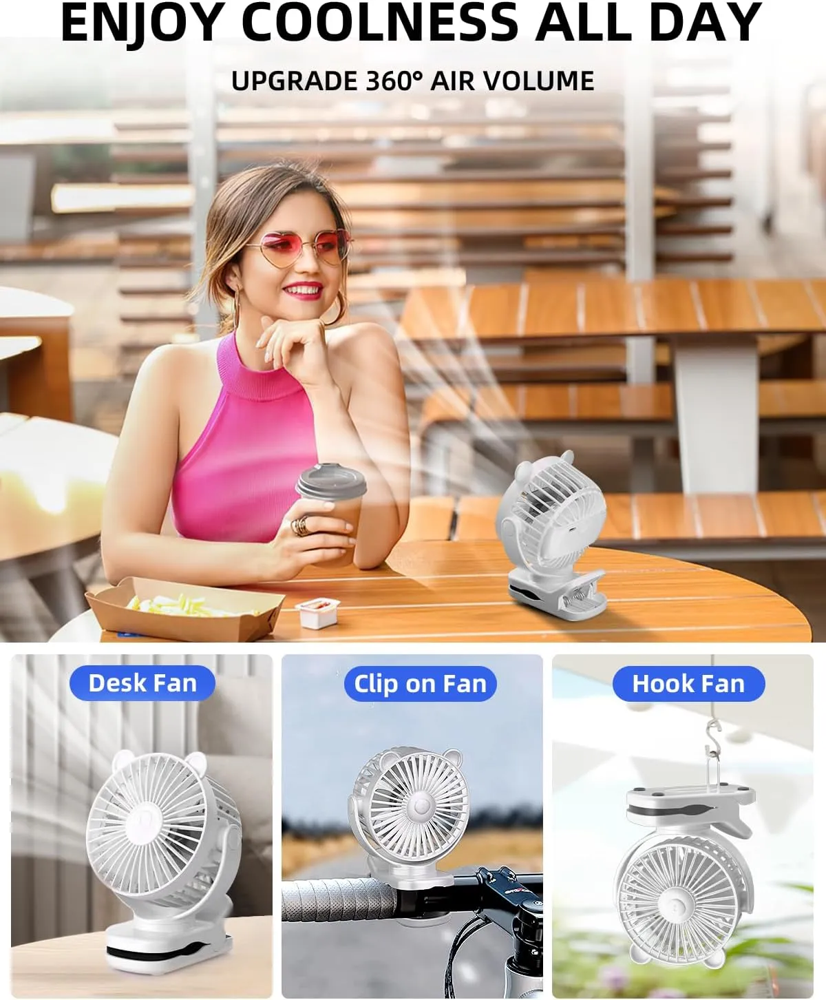 KIDEE Portable Clip on Fan, Mini Baby Stroller Fan Rechargeable with 360 Rotation, Small Desk Fans Battery Operated, Personal Cooling Fans for Bedroom Indoor Outdoor Travel