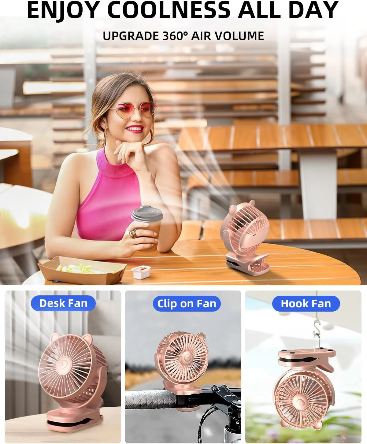 KIDEE Portable Clip on Fan, Mini Baby Stroller Fan Rechargeable with 360 Rotation, Small Desk Fans Battery Operated, Personal Cooling Fans for Bedroom Indoor Outdoor Travel