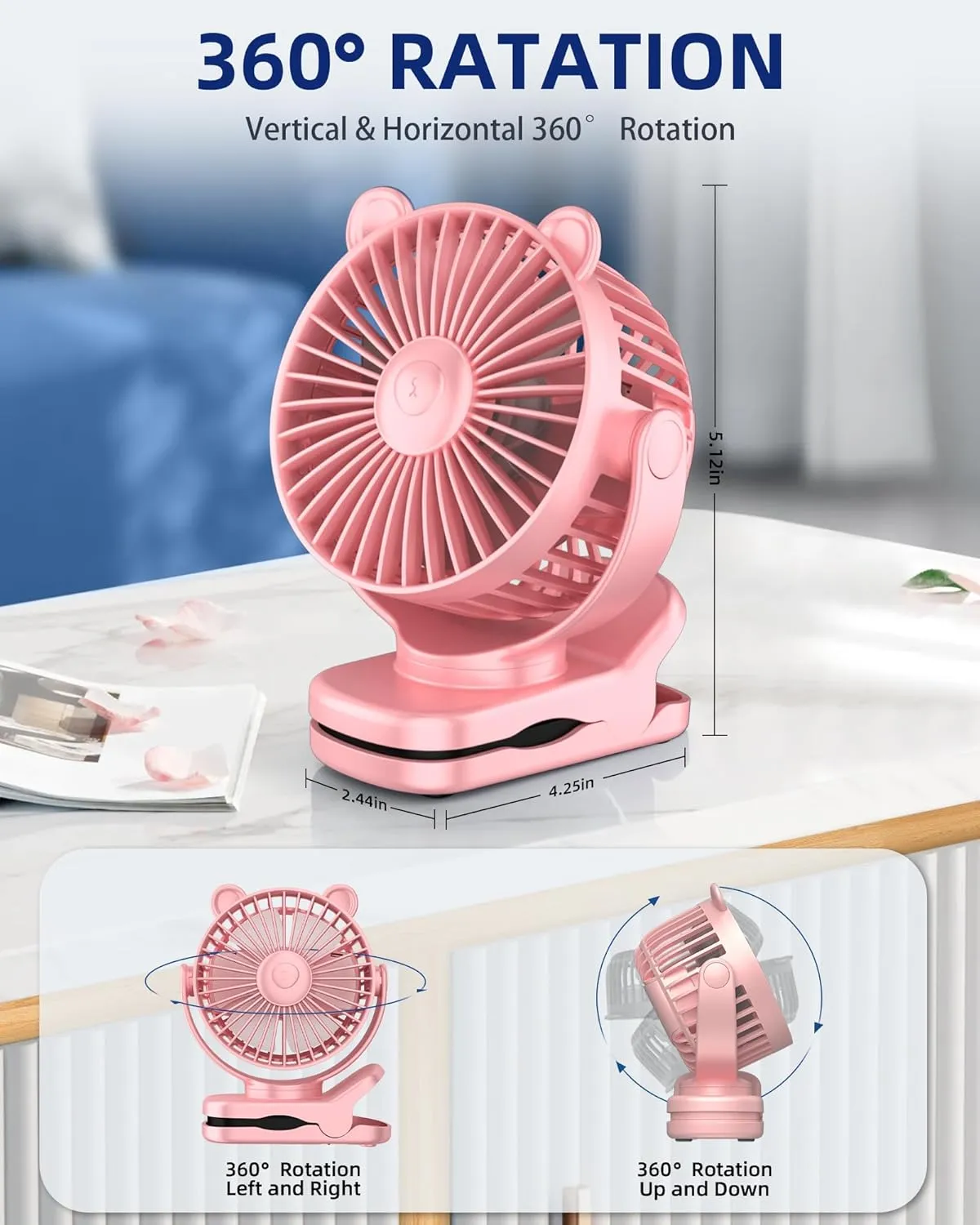 KIDEE Portable Clip on Fan, Mini Baby Stroller Fan Rechargeable with 360 Rotation, Small Desk Fans Battery Operated, Personal Cooling Fans for Bedroom Indoor Outdoor Travel