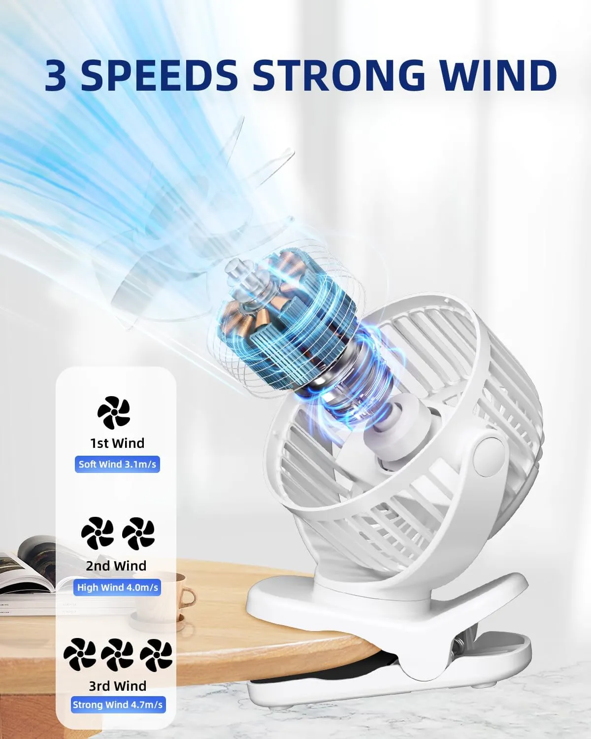 KIDEE Portable Clip on Fan, Mini Baby Stroller Fan Rechargeable with 360 Rotation, Small Desk Fans Battery Operated, Personal Cooling Fans for Bedroom Indoor Outdoor Travel