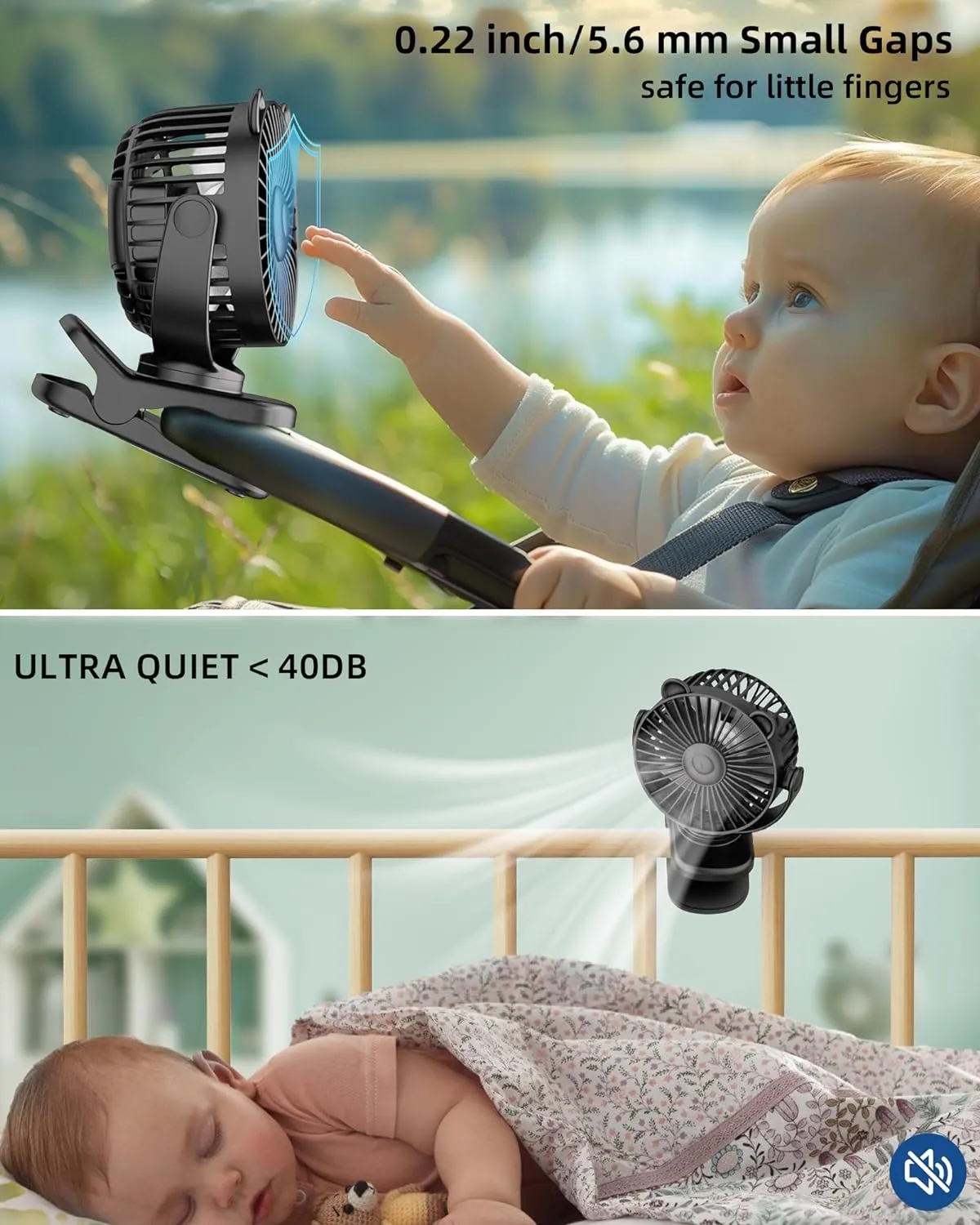 KIDEE Portable Clip on Fan, Small Desk Fan Battery Operated, 360 Rotation, Cute Design, 3 Speed, Mini Table Fan USB Rechargeable, Personal Cooling Baby Stroller Fan for Home Office Outdoor Travel