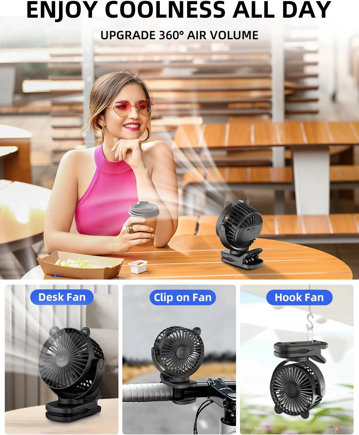 KIDEE Portable Clip on Fan, Small Desk Fan Battery Operated, 360 Rotation, Cute Design, 3 Speed, Mini Table Fan USB Rechargeable, Personal Cooling Baby Stroller Fan for Home Office Outdoor Travel