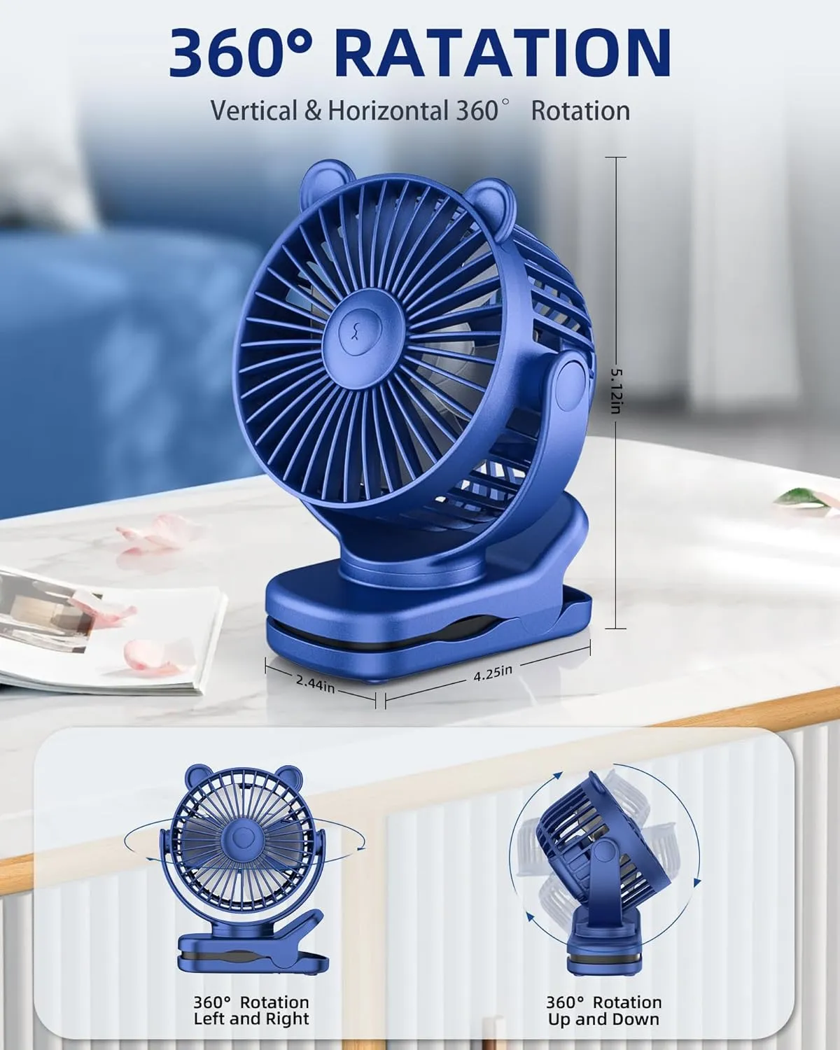 KIDEE Small Clip on Fan Battery Operated, Portable USB Desk Fan, 360 Rotation, 3 Speed, Mini Table Fan Rechargeable, Personal Cooling Baby Stroller Fan for Home Office Camping