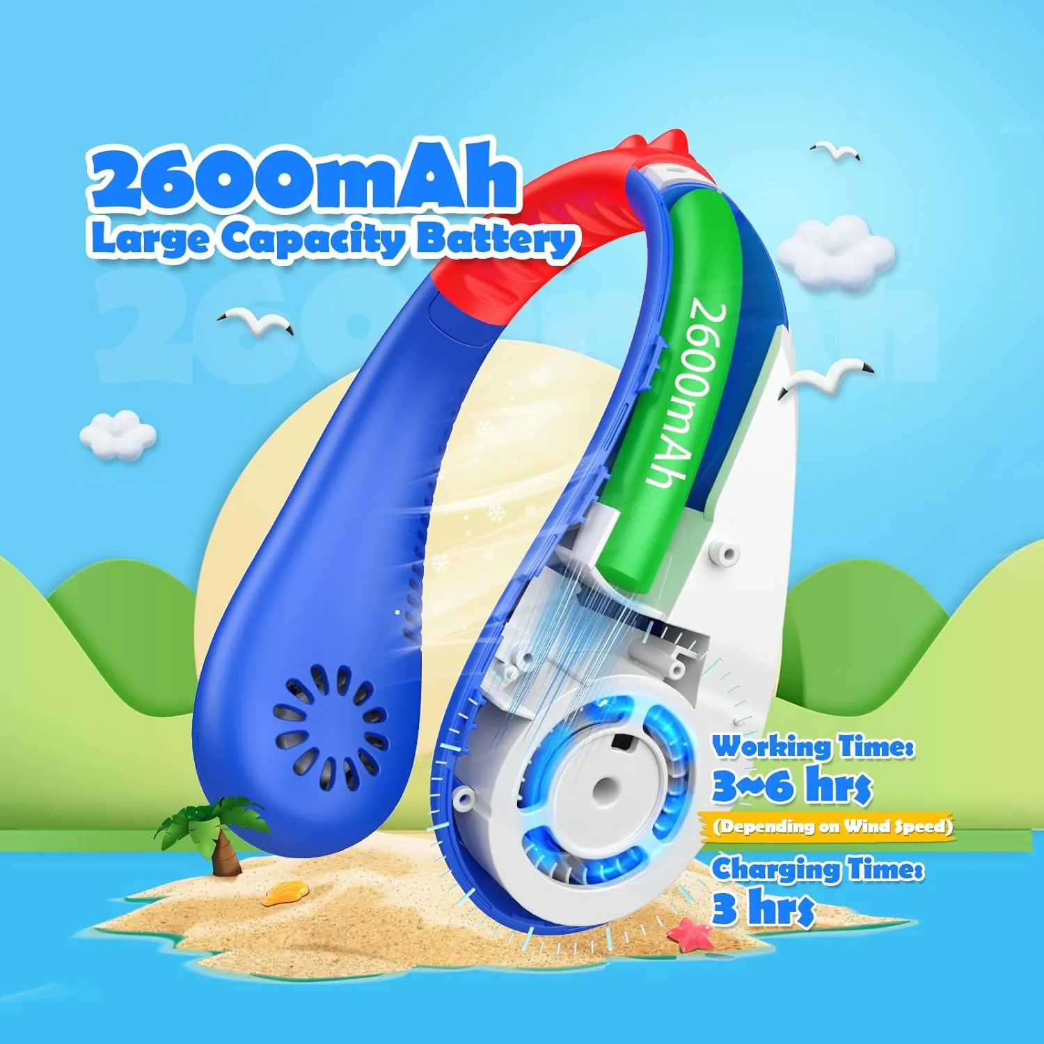 Kids Neck Fan, Portable Bladeless Neck Fan for Kids, 2600mAh Rechargeable Cooling Fan for 4-14Y Girls Boys, 4 Speeds & Lightweight Wearable Quiet Fan for Study/Camping/Travel